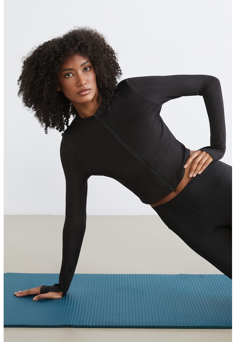 Bluza de trening cu fermoar si decupaje pentru degetul mare - Negru