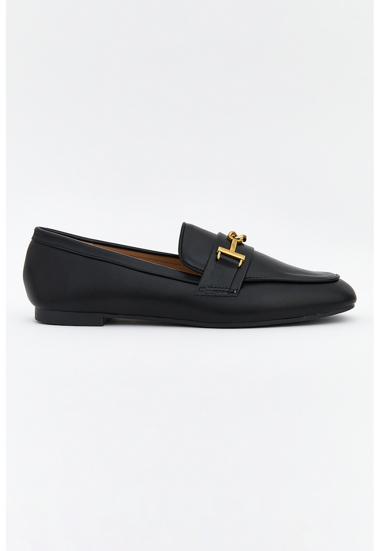 Pantofi loafer de piele ecologica cu varf patrat si detaliu metalic - Negru