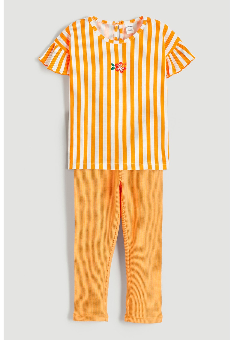 Set de tricou texturat si pantaloni - Alb/Portocaliu