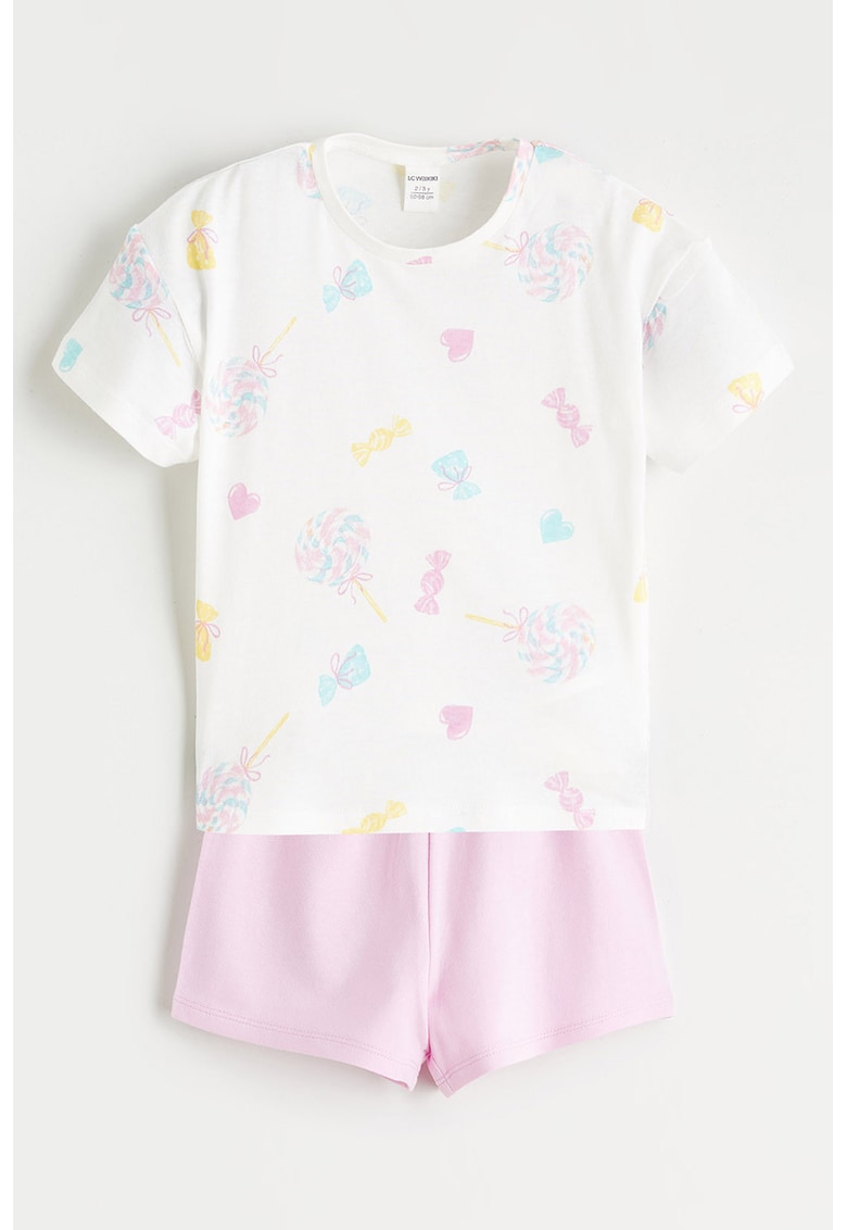 Set de tricou de bumbac si pantaloni scurti - Alb/Lila