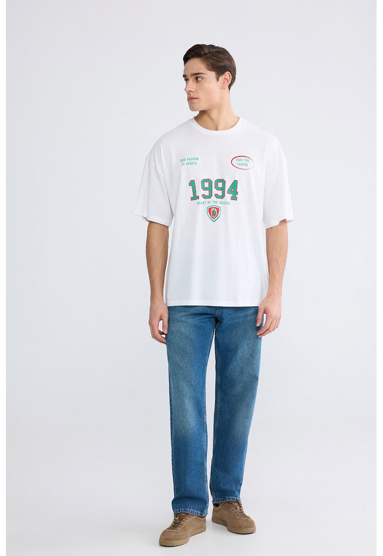 Tricou de bumbac cu imprimeu text - Alb/Verde
