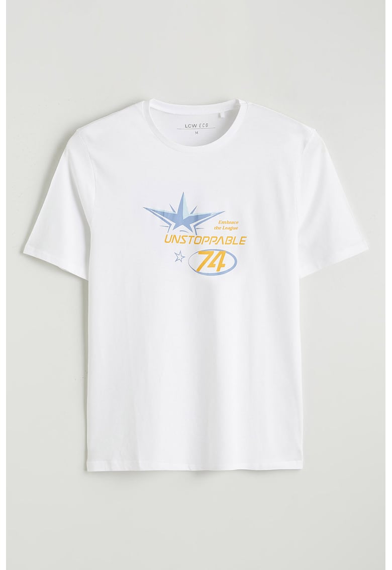 Tricou de bumbac cu imprimeu text - Alb/Portocaliu pal