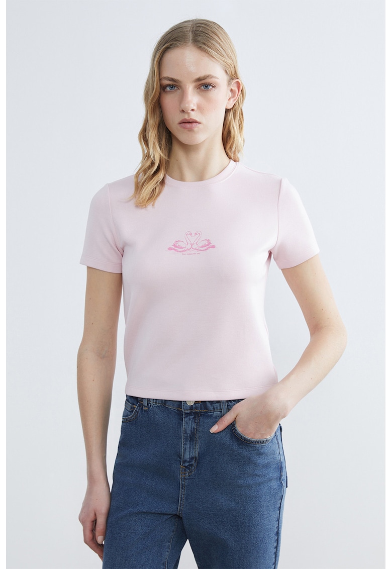 Tricou regular fit cu decolteu la baza gatului - Roz pastel