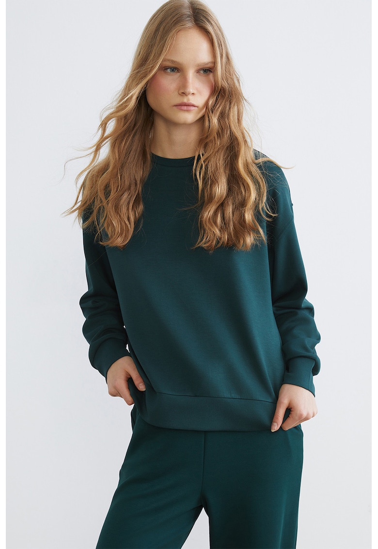 Bluza de trening cu decolteu la baza gatului si model uni - Verde englez