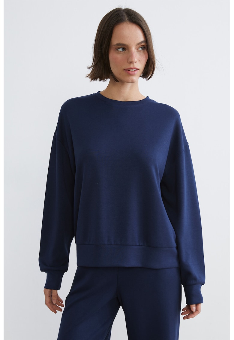 Bluza de trening cu decolteu la baza gatului si model uni - Bleumarin