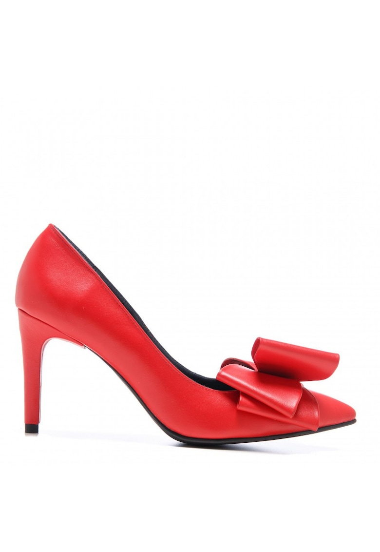 Pantofi stiletto piele naturala Simple Rosu cu funda