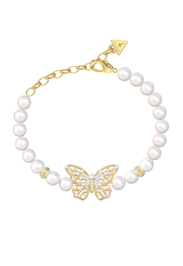 Bratara cu perle de sticla si talisman fluture - Alb/Auriu