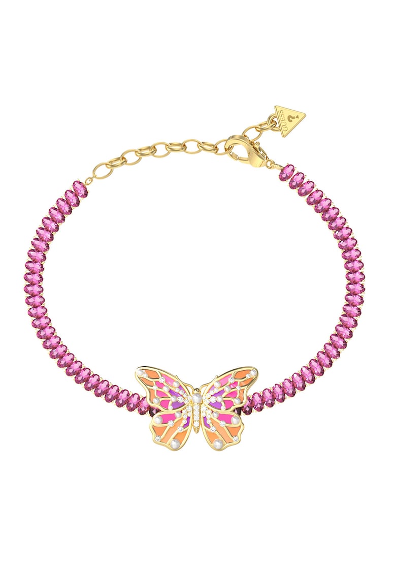 Bratara cu cristale si talisman fluture - Auriu/Fucsia