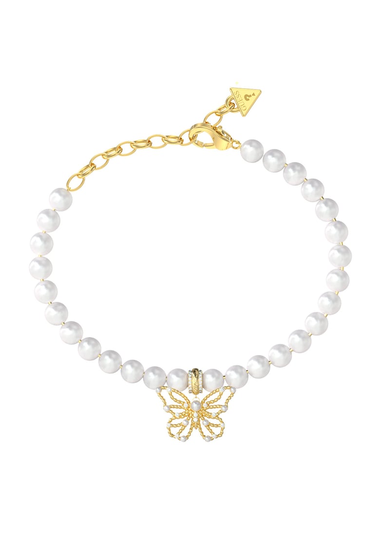 Bratara cu perle de sticla si talisman fluture - Alb/Auriu