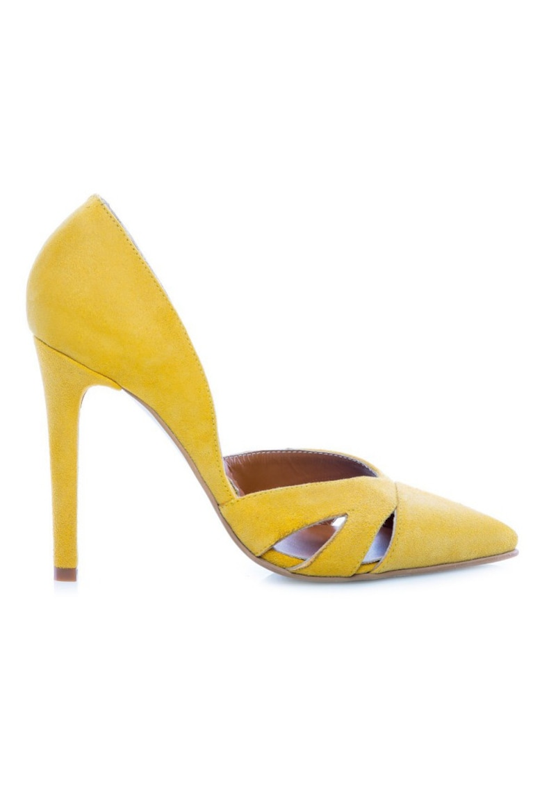 Pantofi stiletto piele naturala Galben Cut Out