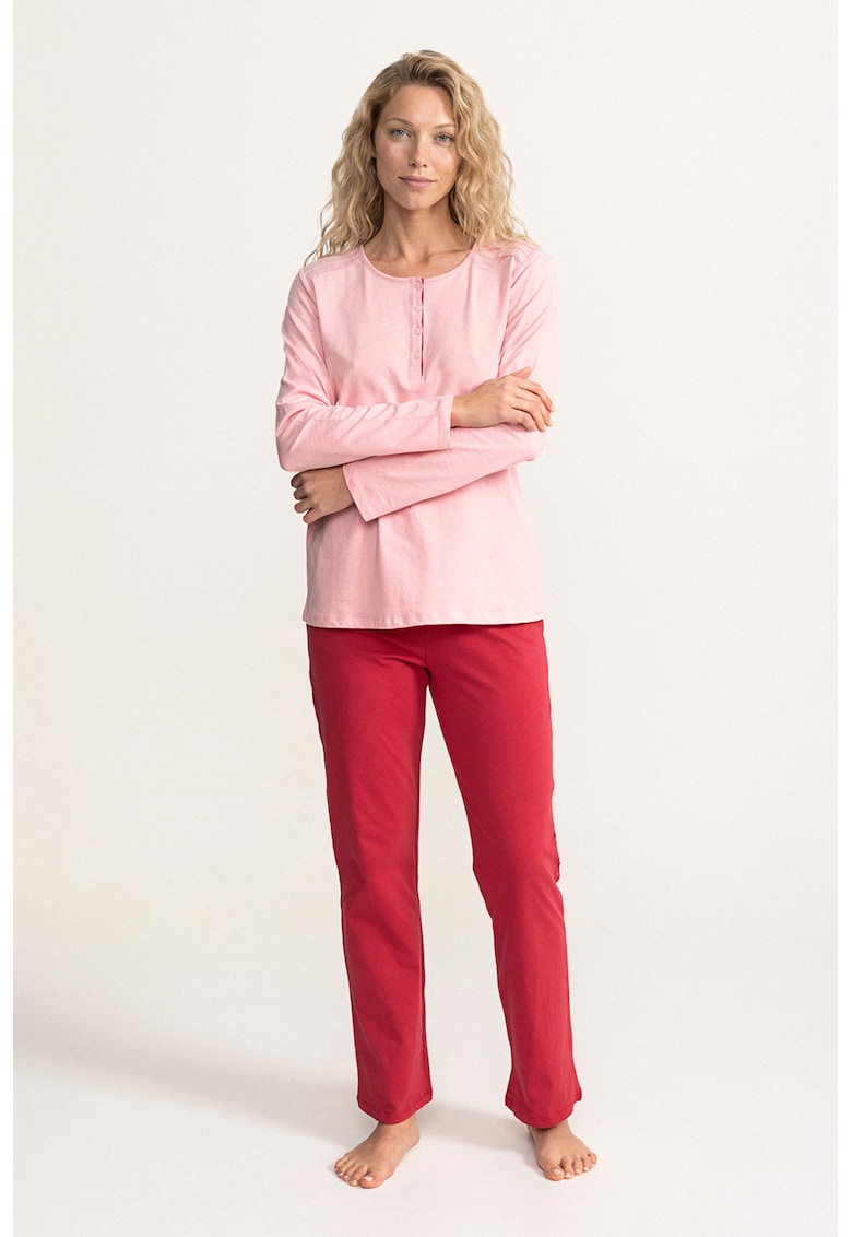 Pijama din bumbac cu talie elastica Basic - Fucsia/Roz deschis