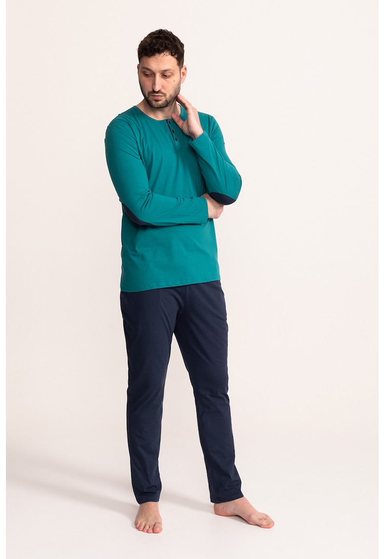 Pijama din bumbac cu decolteu henley - Albastru petrol/Bleumarin