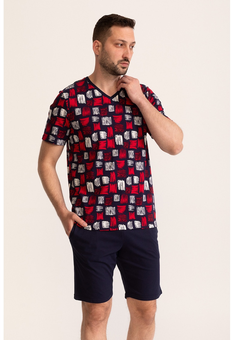 Pijama cu decolteu in V si pantaloni scurti Noah - Rosu/Bleumarin