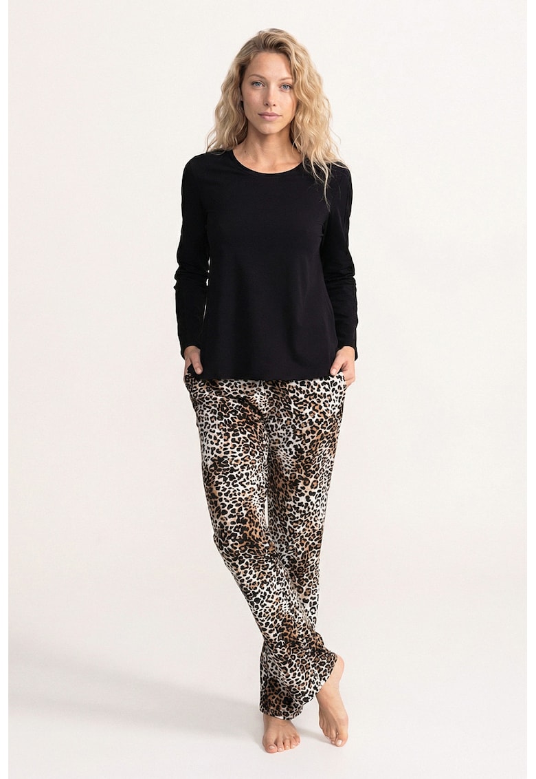 Pijama din amestec de bumbac cu maneci lungi Nancy - Negru