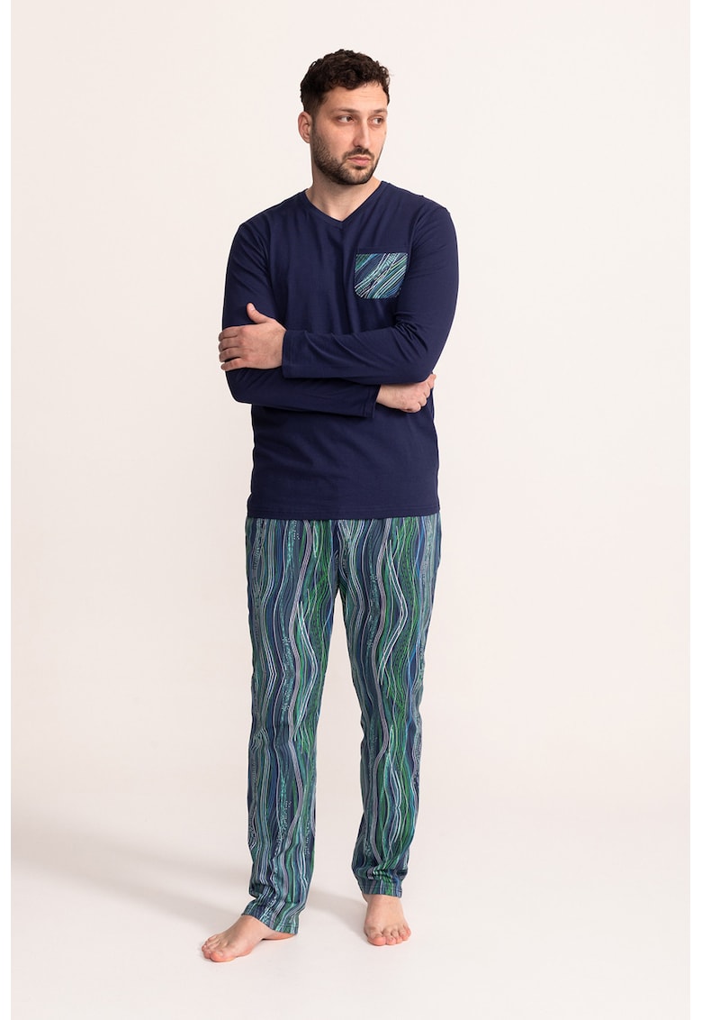 Pijama cu pantaloni lungi si decolteu in V Noah - Albastru/Bleumarin