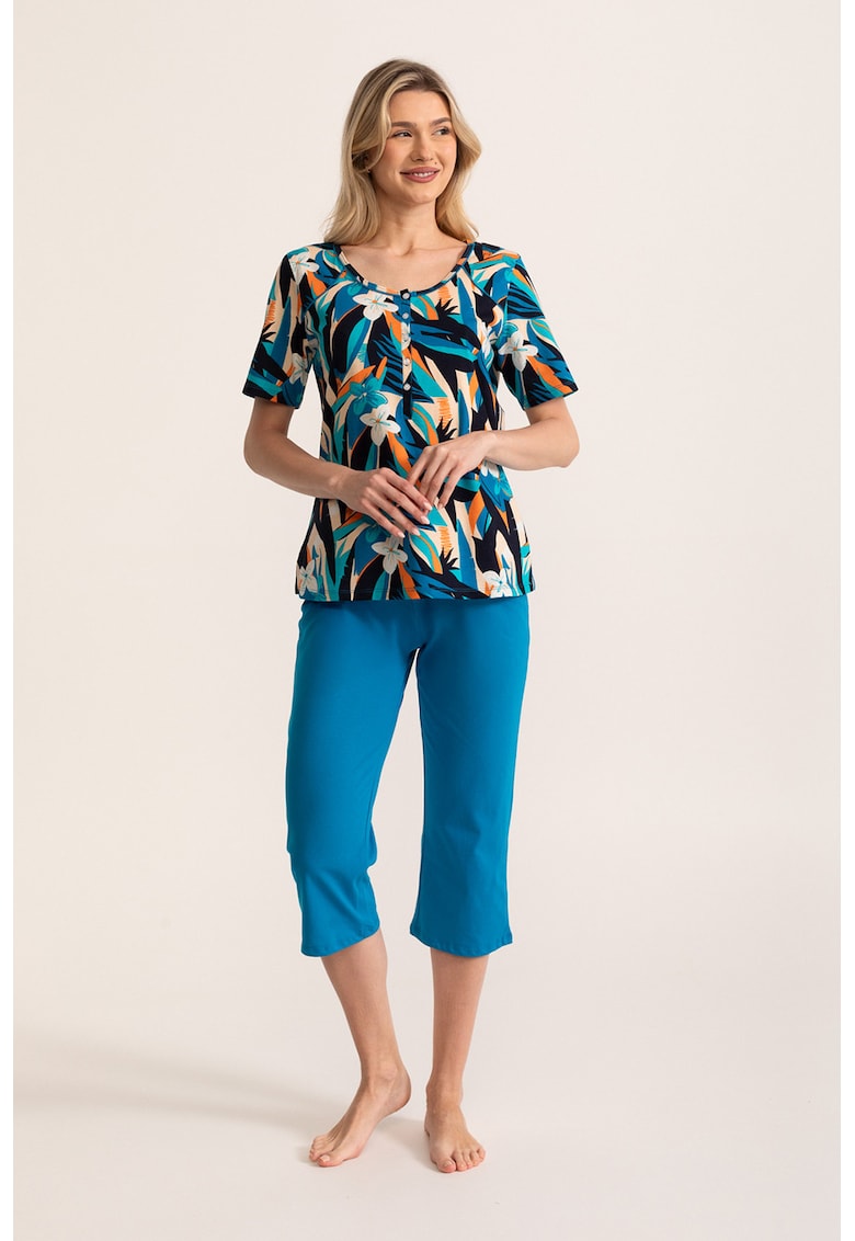 Pijama din amestec de bumbac Ofelia - Albastru pastel/Portocaliu