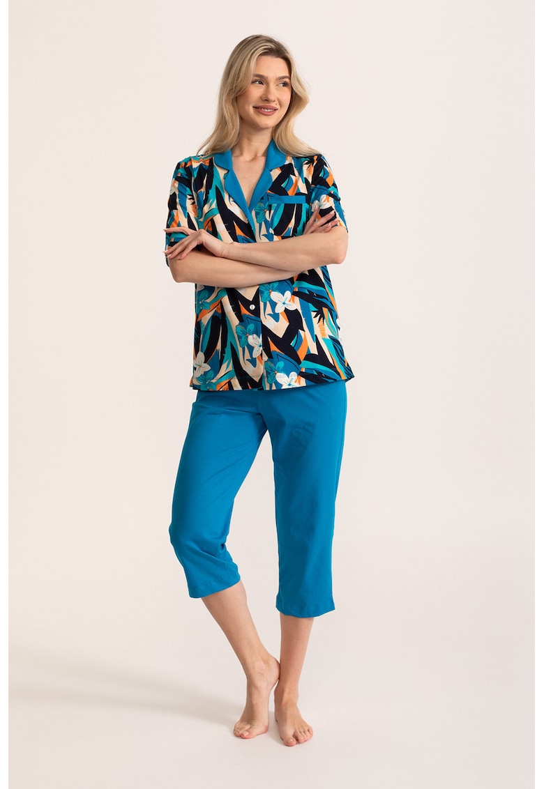 Pijama din bumbac cu maneci scurte Ofelia - Portocaliu/Albastru petrol