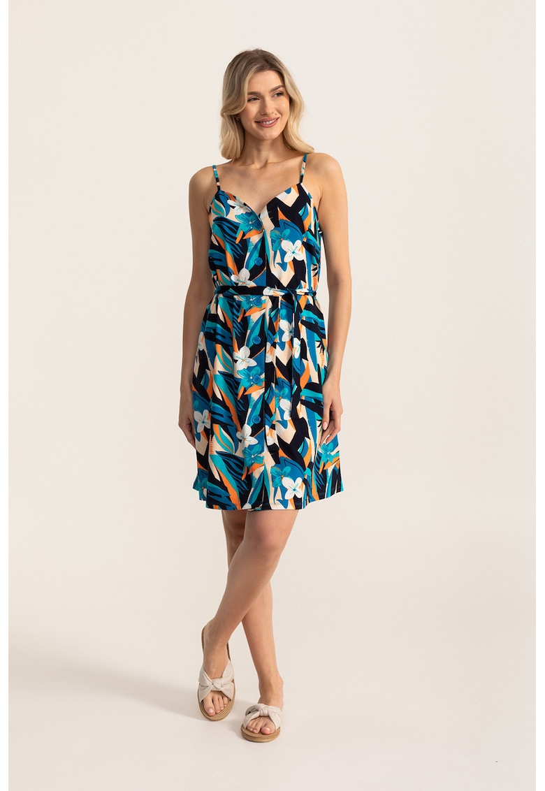 Rochie evazata Ofelia - Portocaliu/Albastru petrol