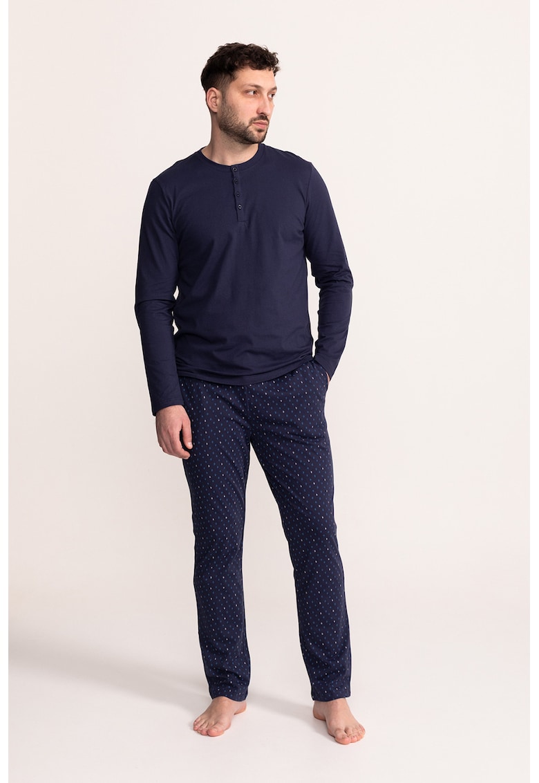 Pijama cu pantaloni lungi si decolteu Henley - Albastru inchis/Alb murdar