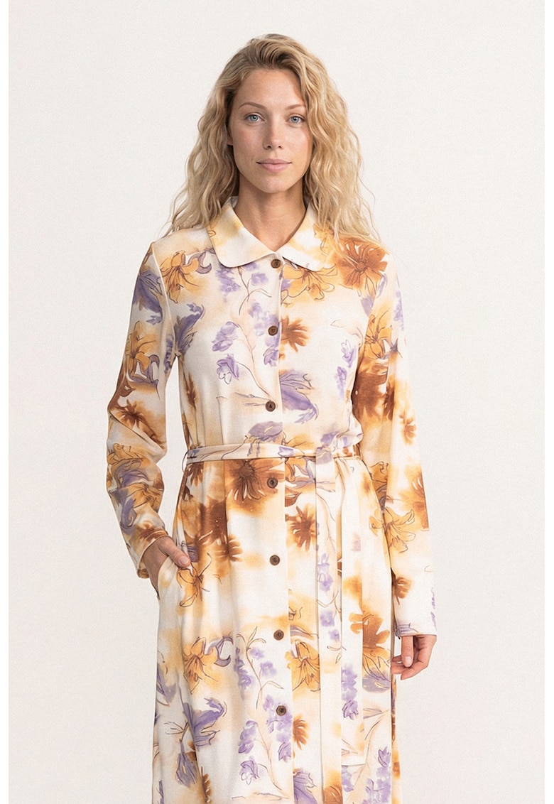 Camasa de casa din amestec de lana cu cordon in talie - Portocaliu deschis/Lila