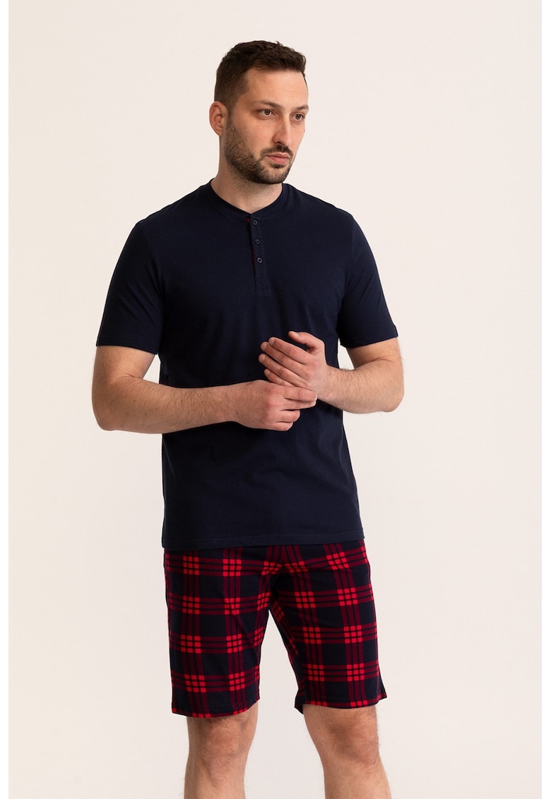 Pijama din bumbac cu pantaloni scurti Tartan - Bleumarin