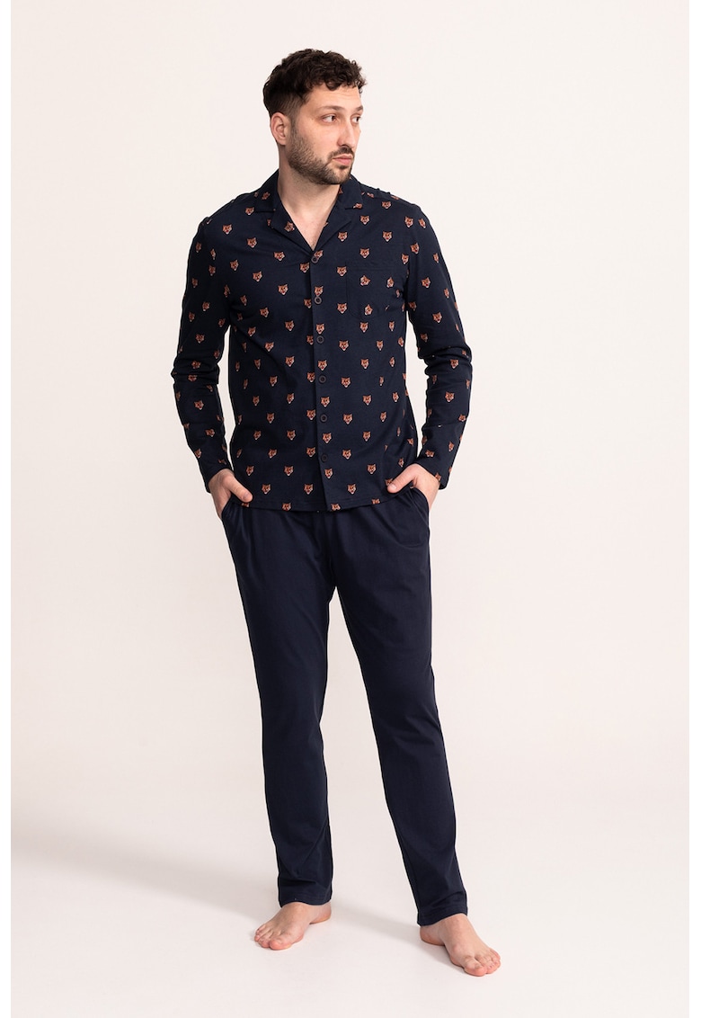 Pijama cu cu buzunar pe piept si imprimeu