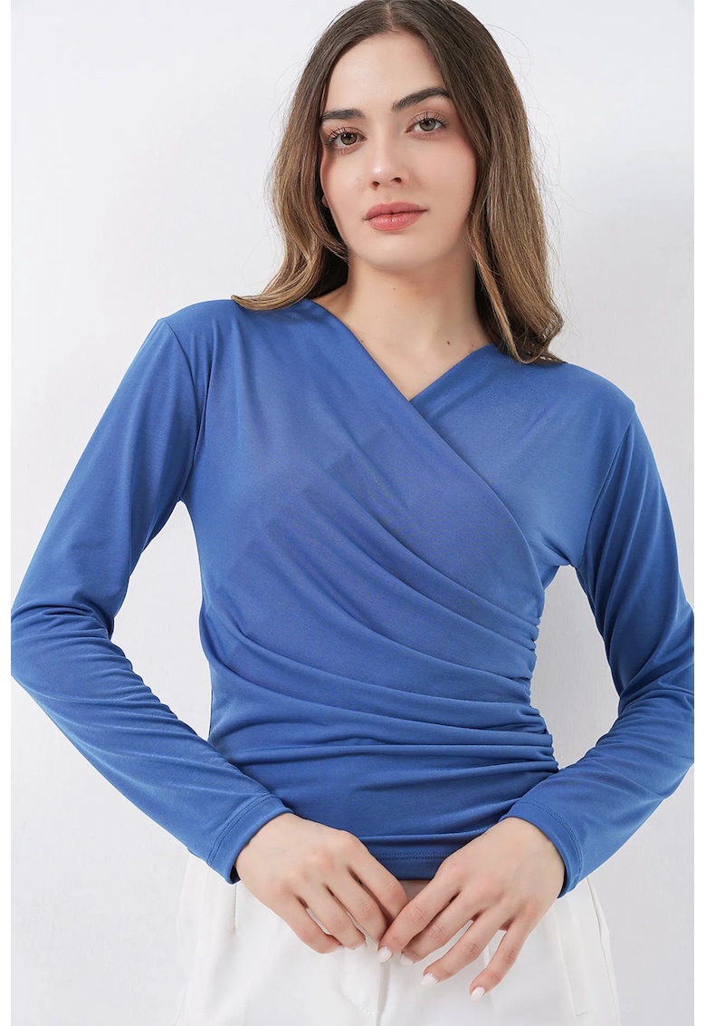 Bluza dama maneca lunga - dublu-breasted - detalii de incretire - Oxford Blue - jerseu