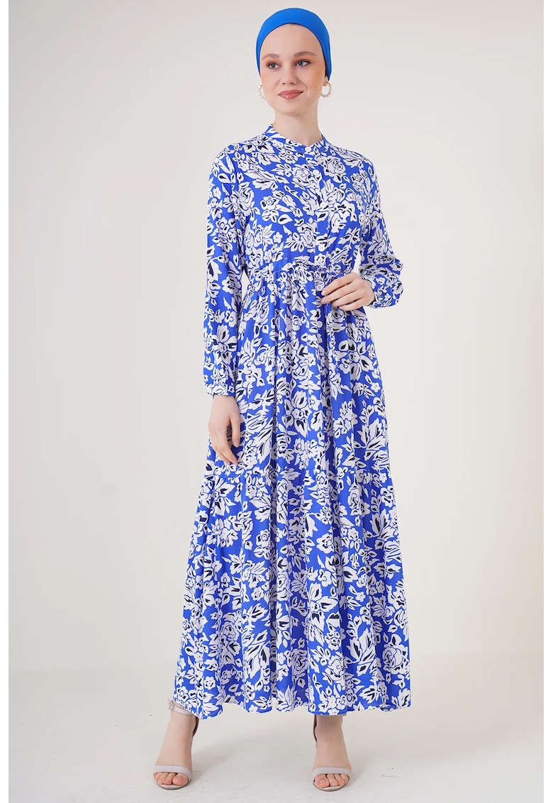 Rochie maxi dama - cu model - alb/albastru - din viscoza