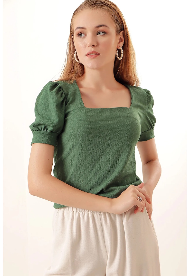 Bluza dama - Slim Fit - guler patrat - verde smarald - jerseu