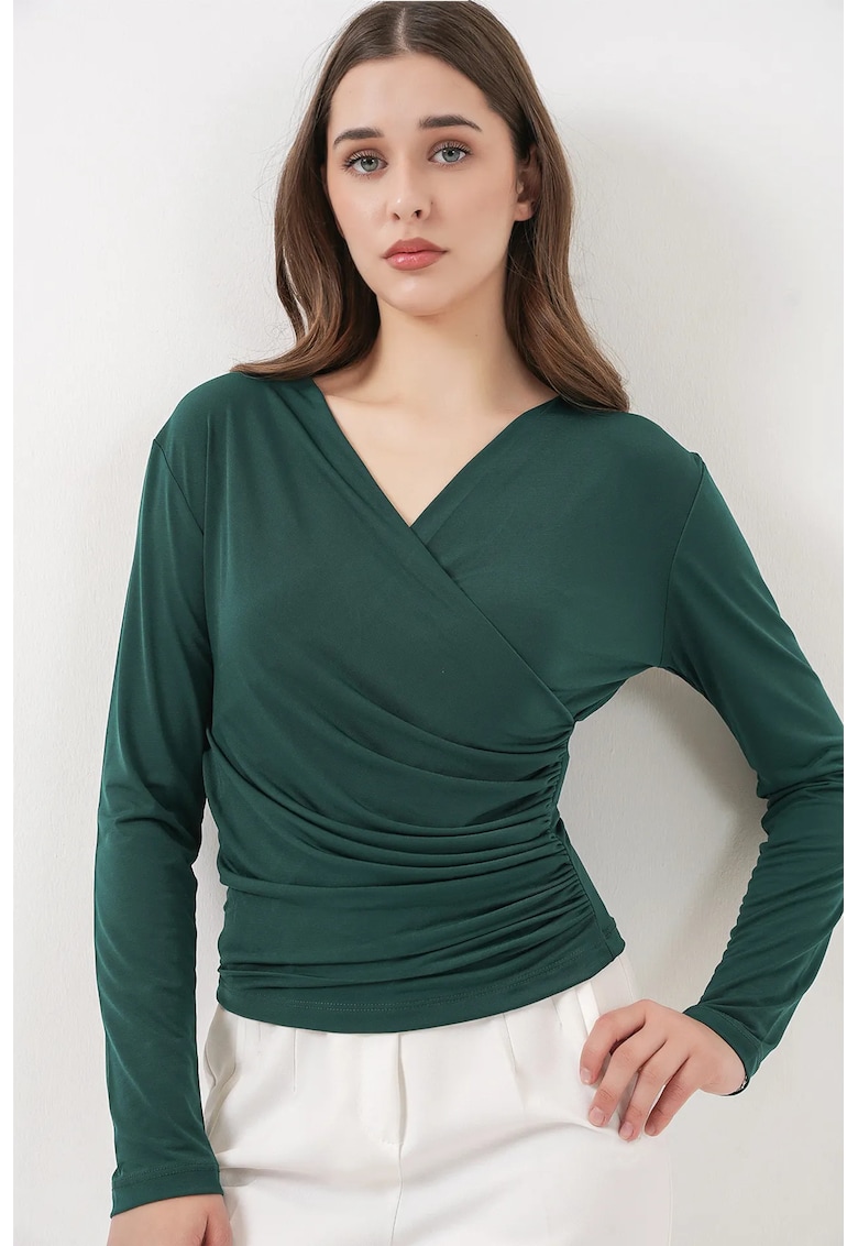 Bluza dama cu piept dublu - maneci lungi - verde - jerseu