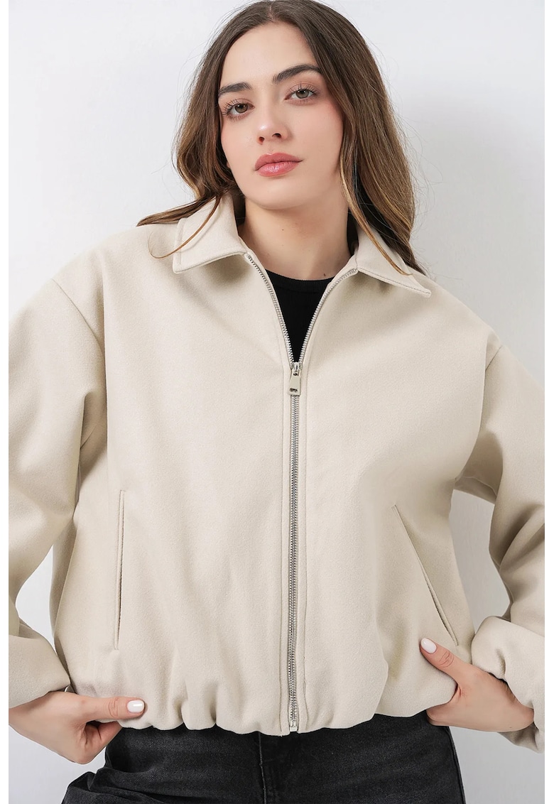 Geaca bomber bej - textil - cu fermoar si buzunare