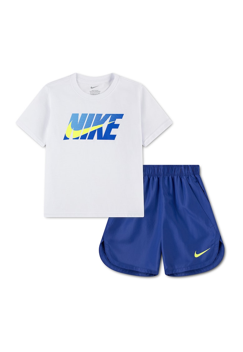 Set de pantaloni scurti si tricou cu logo si aspect tesut - Albastru inchis/Alb optic/Verde fistic