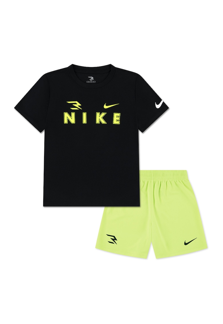 Set de pantaloni scurti si tricou cu logo - 2 piese - Negru/Verde fistic
