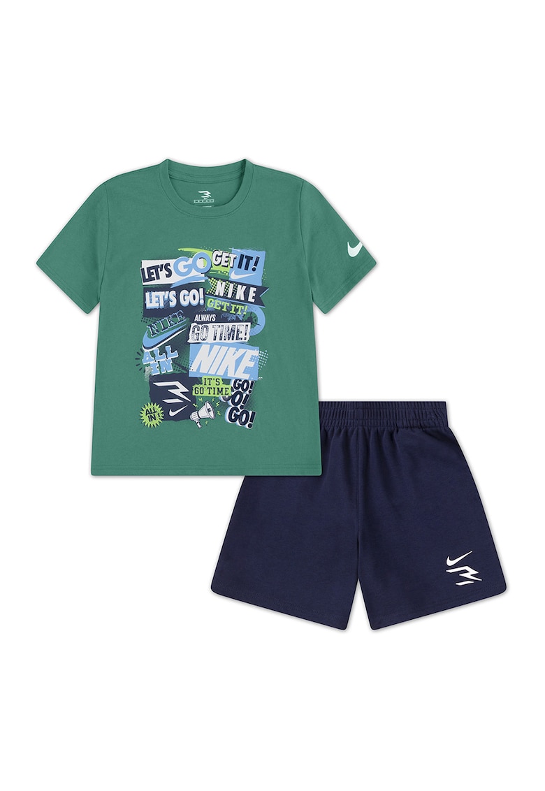Trening cu pantaloni scurti - logo si imprimeu grafic Collage - Verde/Gri deschis/Albastru inchis