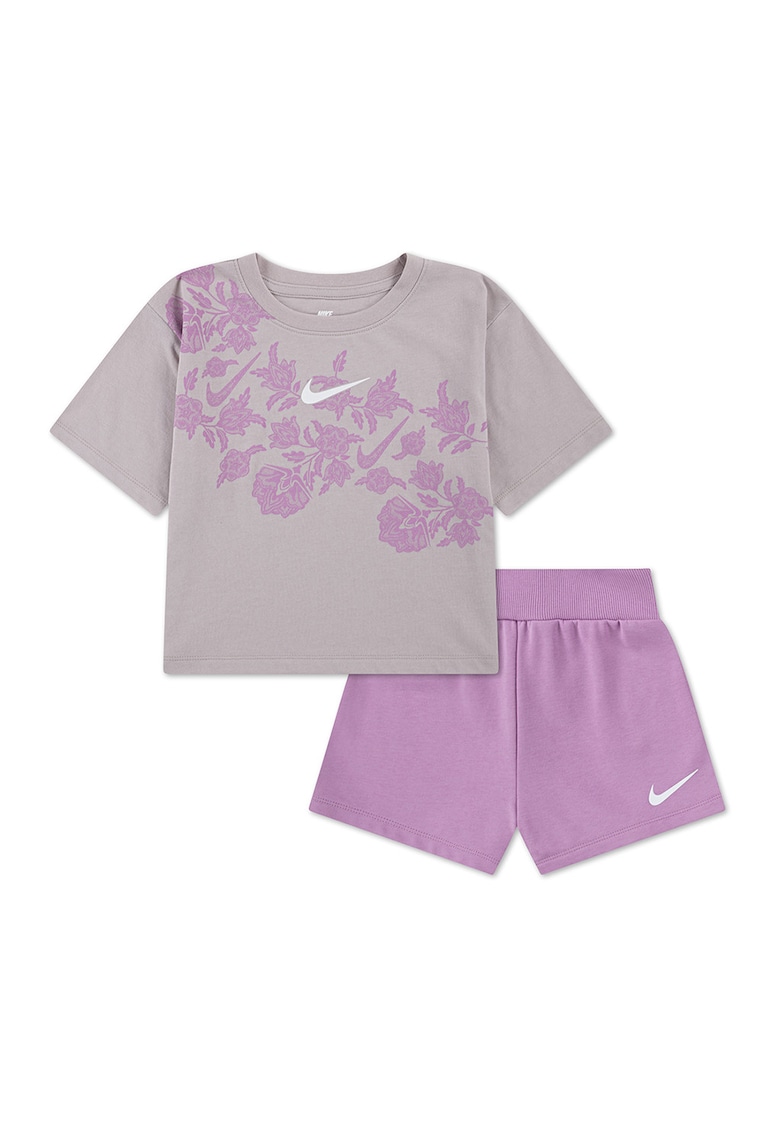 Set de pantaloni scurti si tricou din amestec de bumbac - Gri deschis/Gri inchis/Magenta