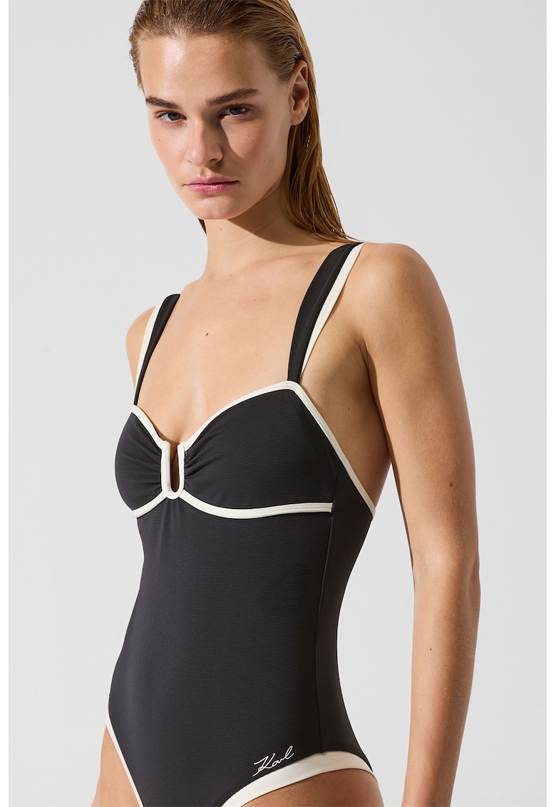 Costum de baie intreg cu segmente contrastante - Alb fildes/Negru
