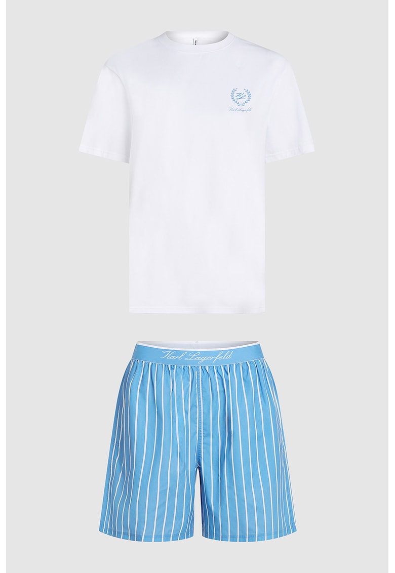 Pijama scurta din amestec de bumbac organic - Alb optic/Albastru