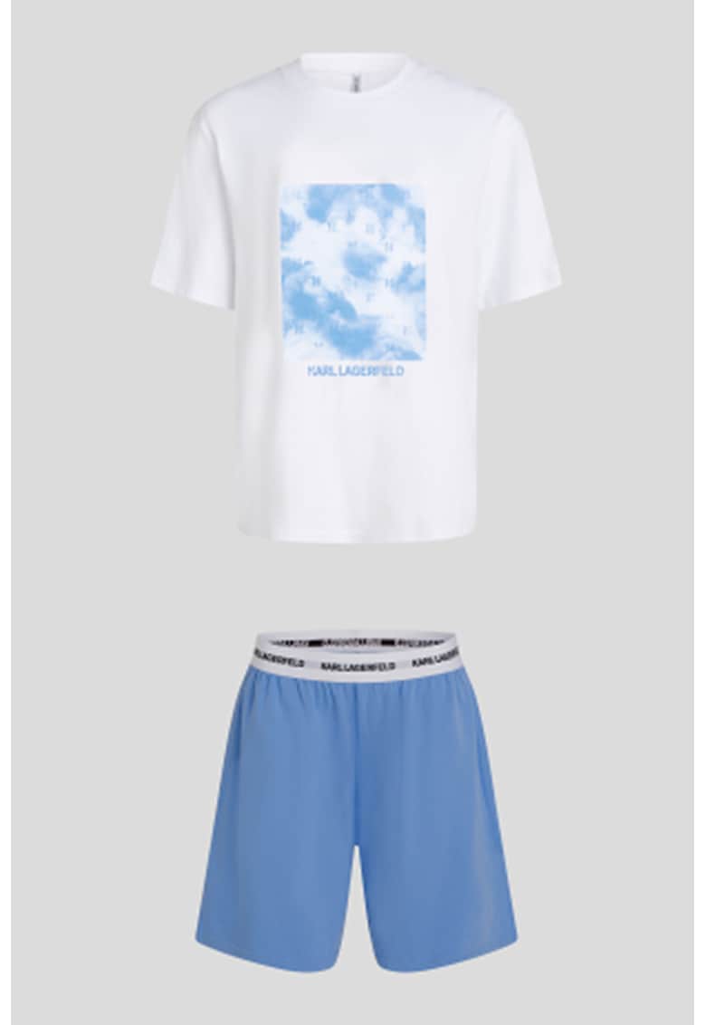 Pijama din amestec de bumbac organic cu imprimeu foto - Alb optic/Albastru