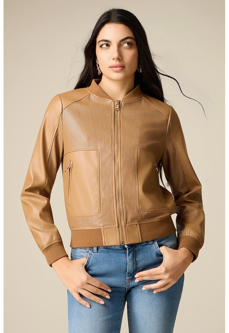 Jacheta de piele sintetica cu perforatii decorative - Maro camel