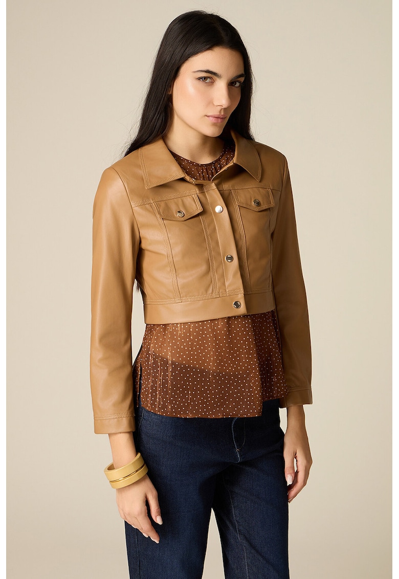Jacheta crop din piele sintetica cu guler - Maro camel