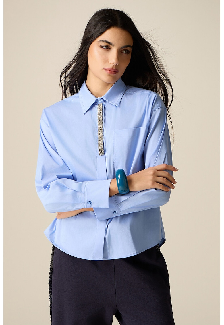 Camasa din poplin cu detaliu tip bijuterie - Albastru pastel