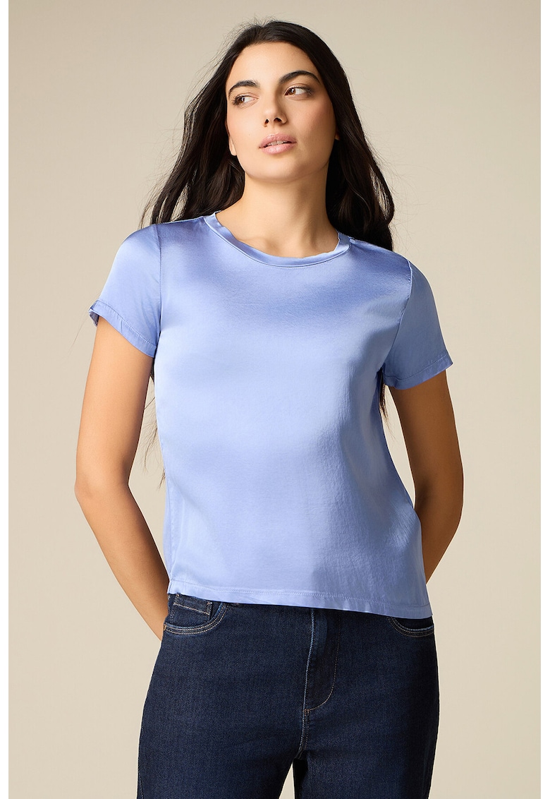 Bluza de satin cu decolteu rotund - Albastru pastel