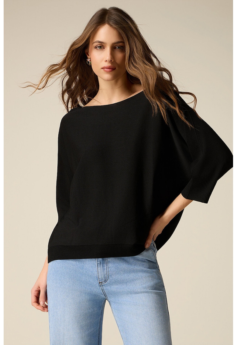 Pulover supradimensionat cu maneci 3/4 - Negru