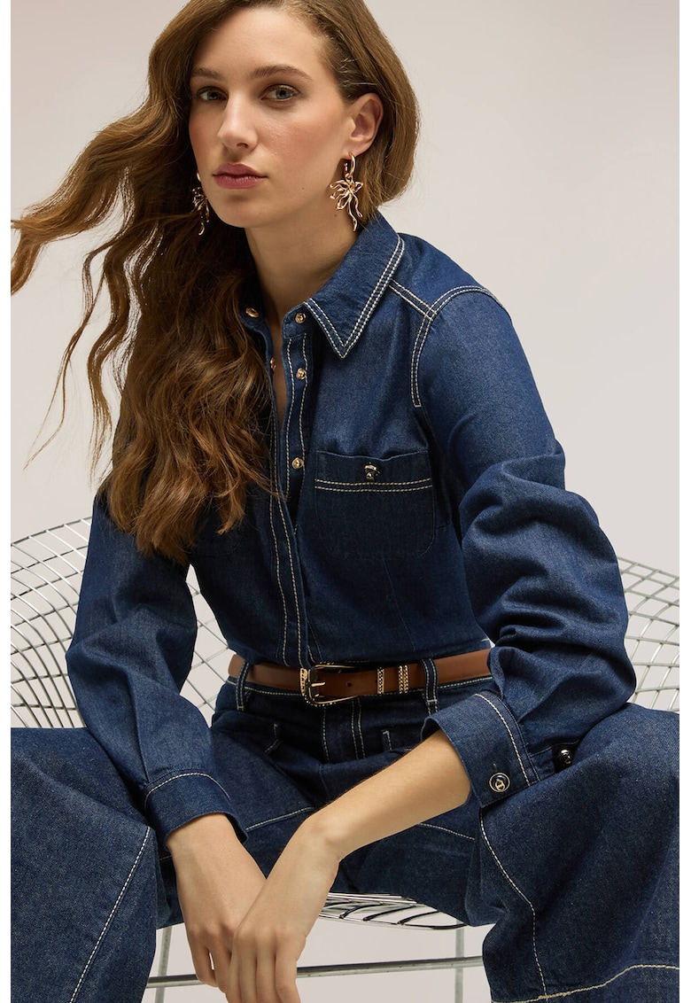 Camasa de denim cu buzunare pe piept - Albastru inchis melange