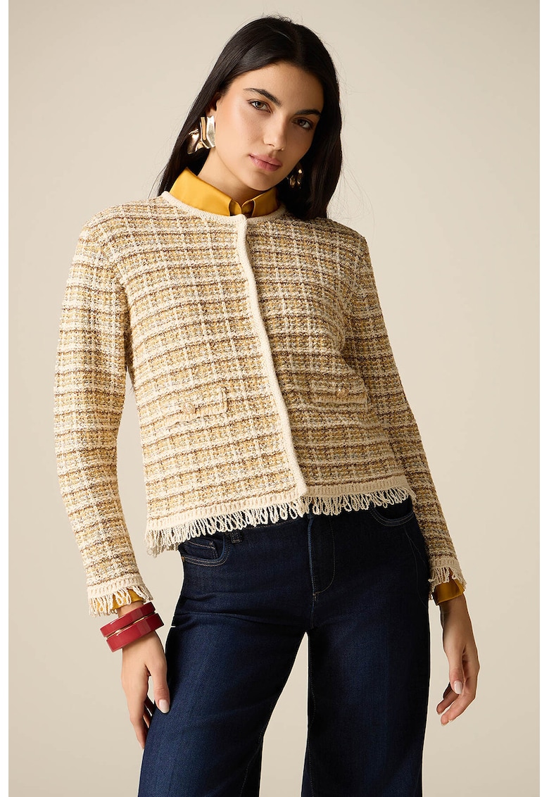 Cardigan cu model boucle si franjuri - Maro camel