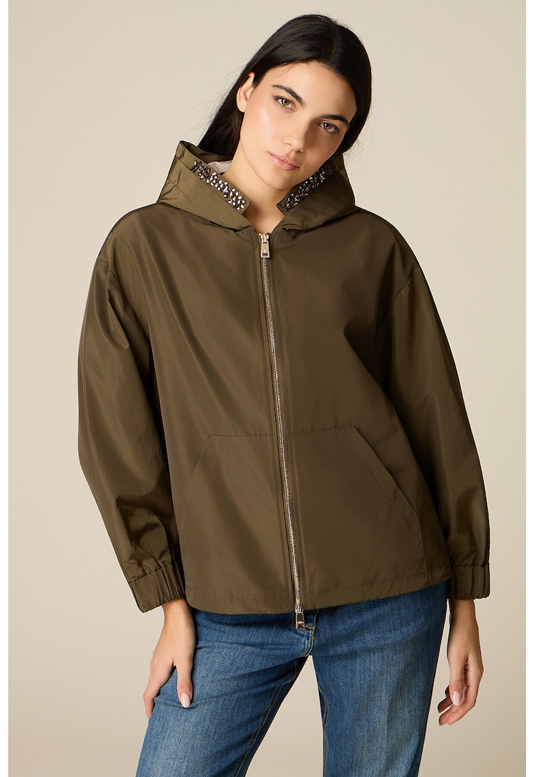 Jacheta usoara cu gluga si apliacatii de strasuri - Maro