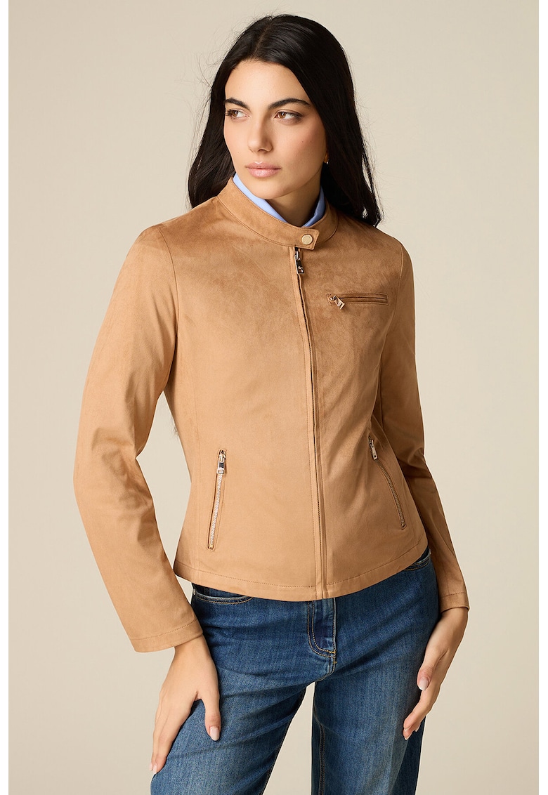 Jacheta slim fit de piele intoarsa sintetica - Maro camel