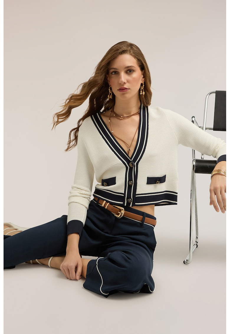Cardigan crop cu decolteu in V - Negru/Crem