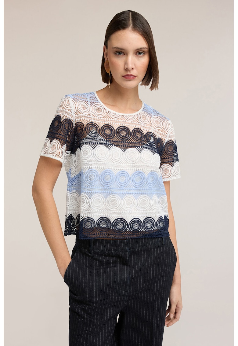 Tricou lejer brodat - Alb/Negru/Albastru deschis