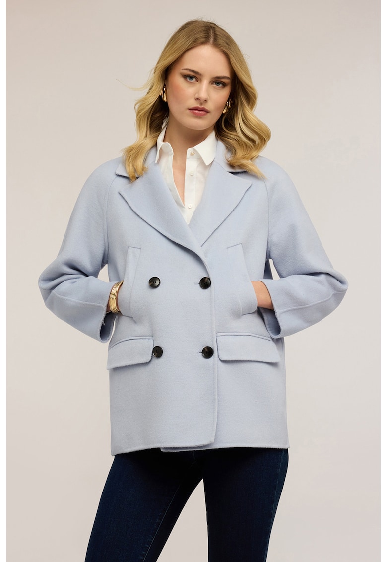 Palton din amestec de lana cu model cu doua randuri de nasturi - Albastru glaciar